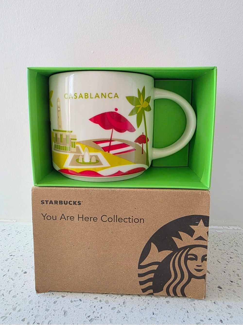 Starbucks Casablanca You Are Here Mug - White with Pink & Green Accents